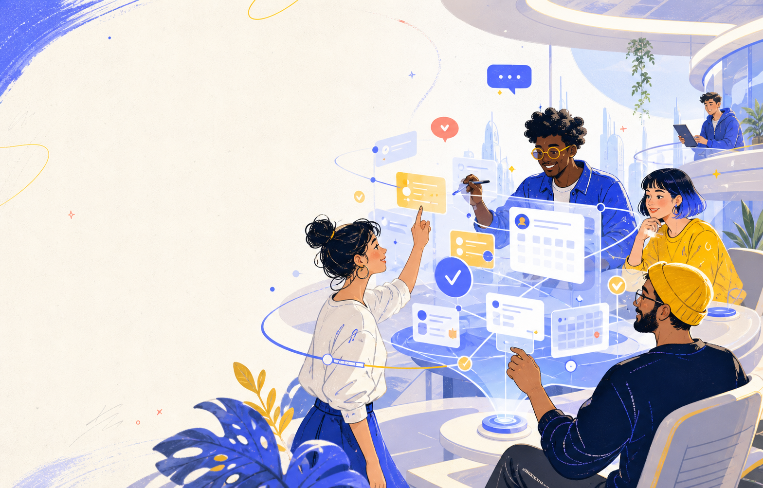 A diverse team collaborating with futuristic task cards